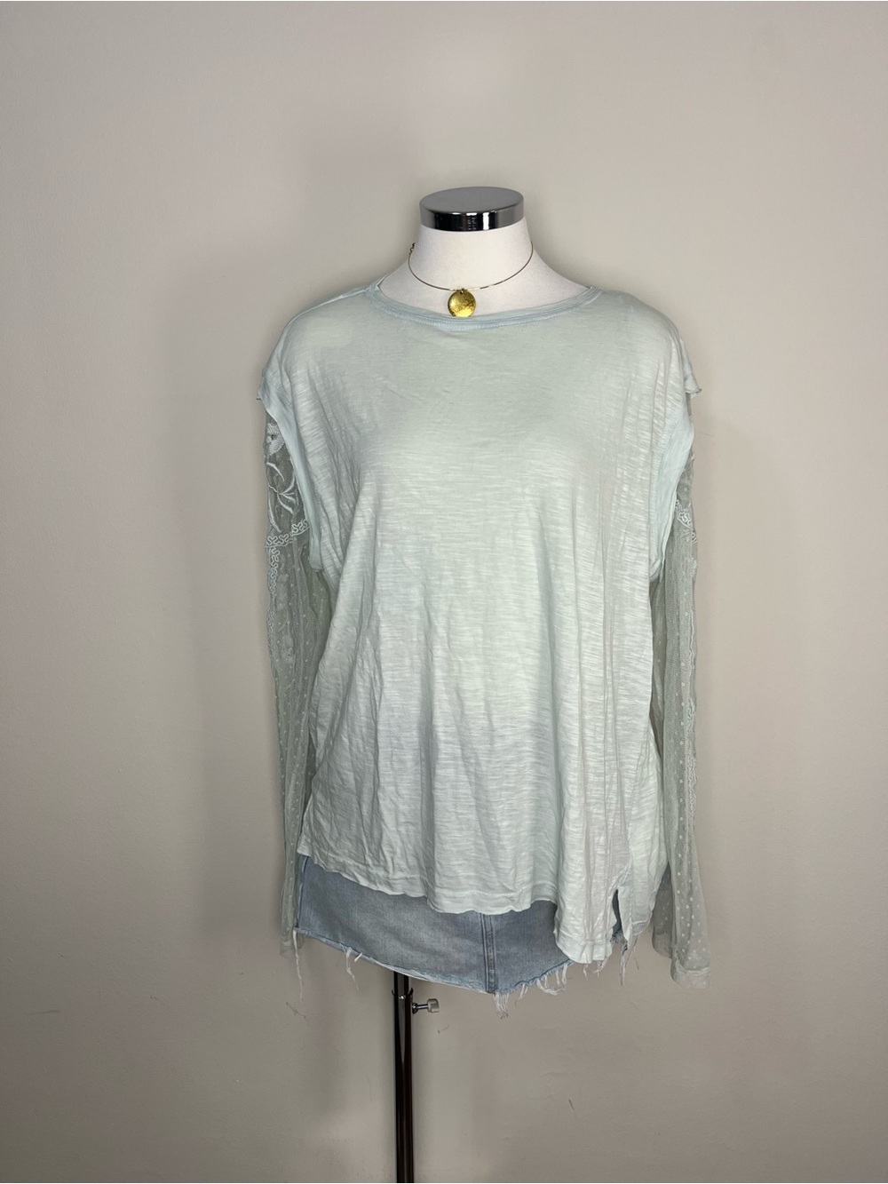 Free People Billie Jean Twofer Top NWT XL Light Aqua Lace Sleeve Boho - Picture 2 of 8